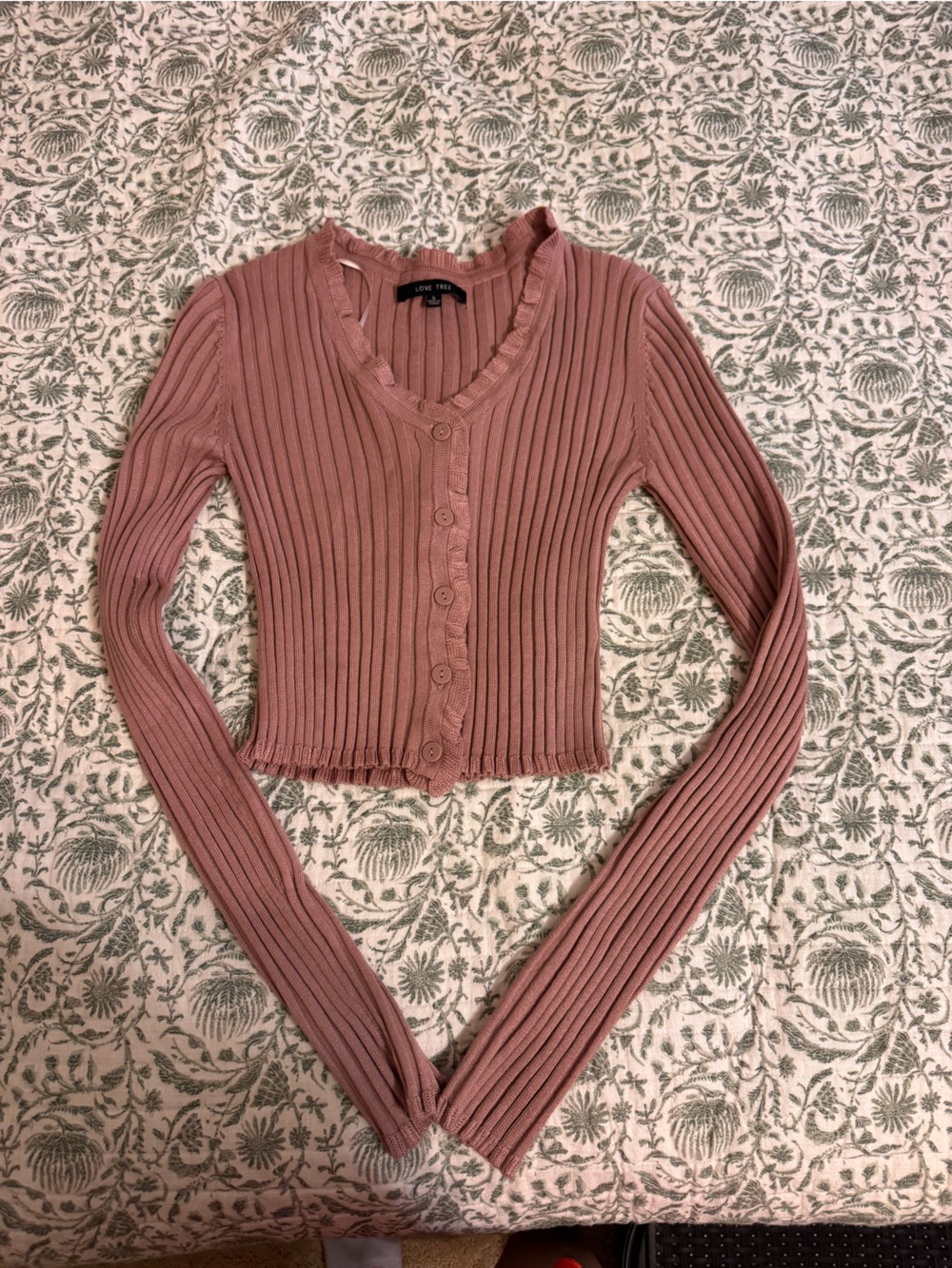 Love Tree Ribbed Button-Front Long Sleeve Top - Mauve